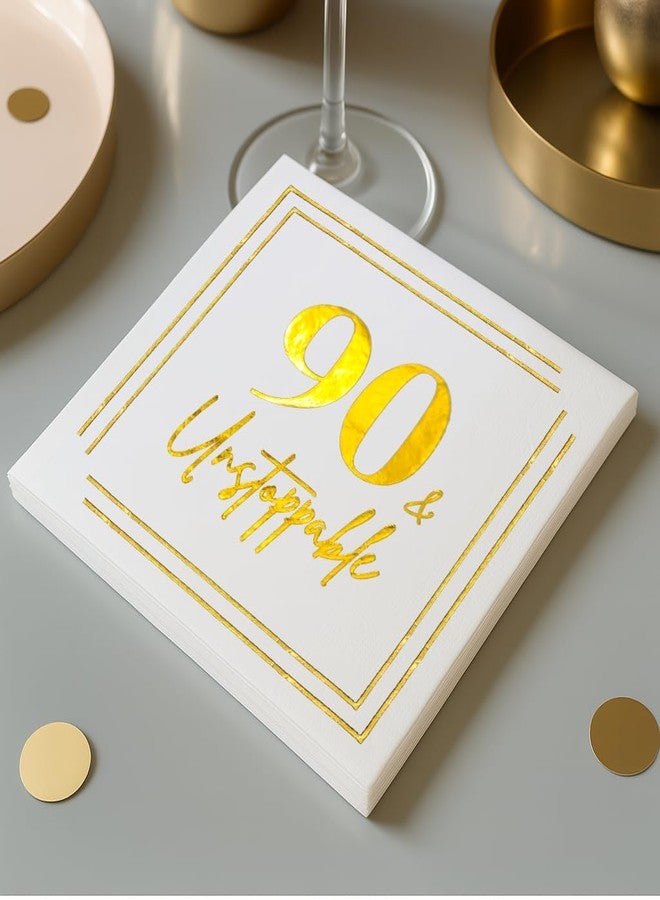 Cloverjoyed 90th Birthday Cocktail Napkins, Gold 90 Years Old Bday Party Decorations, "90 & Unstoppable" Disposable Paper Napkin Decor for Men & Women, Milestone Celebration Fabulous Gift Ideas, 50 Pack - Image 5